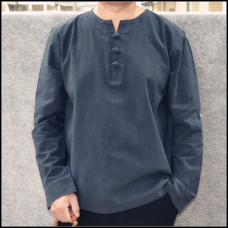 Original cotton linen men's long sleeves T-shirt men's clothing big size dress with Chinese wind T-shirt loose and casual autumn-style blouse T-shirt