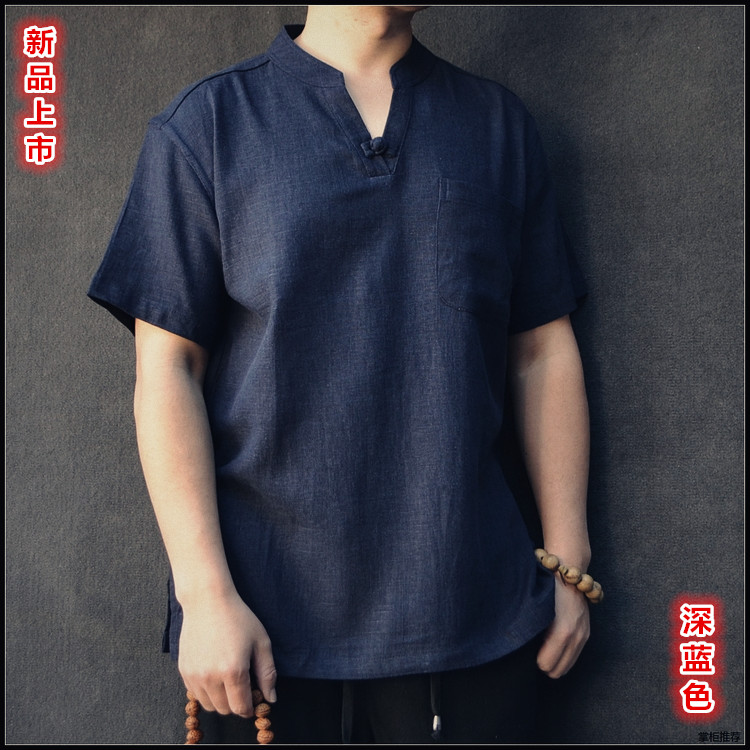 Trung quốc phong cách mùa hè phần mỏng phù hợp với vải lanh Tang phù hợp với nam ngắn tay t-shirt cotton và linen shirt kích thước lớn lỏng trung niên Hanfu