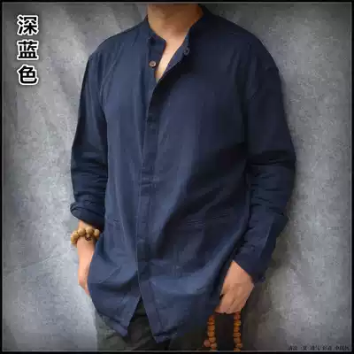 Linen long sleeve T-shirt men cotton linen collar top male loose plus size retro coat Japanese spring cardigan T