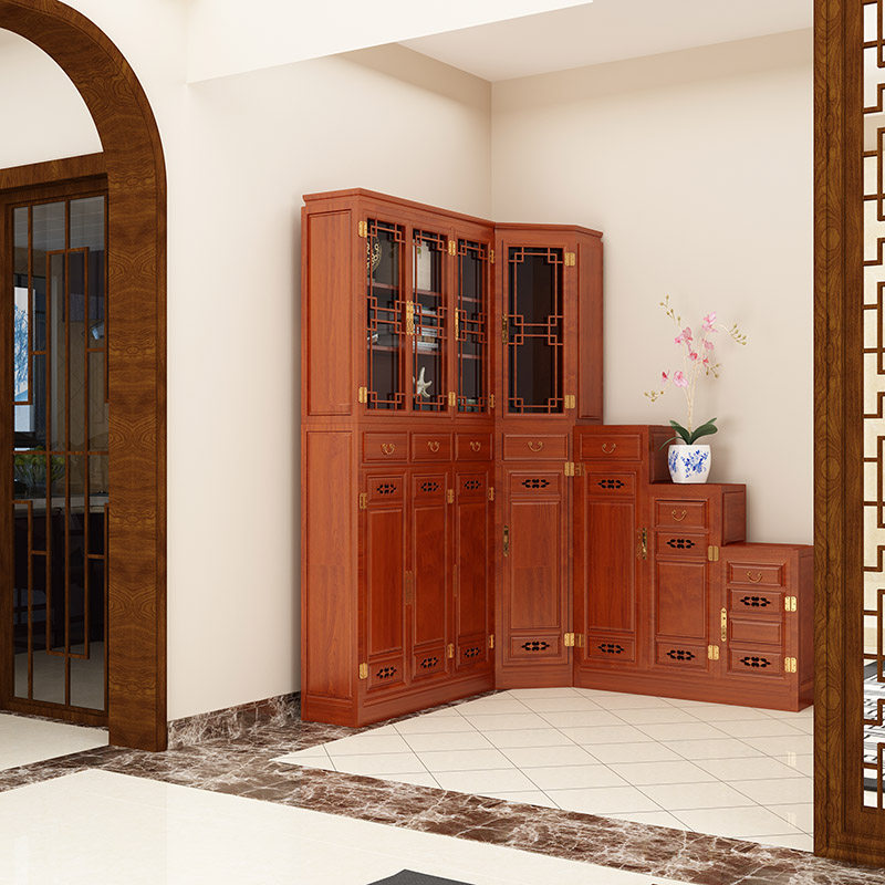 Chinese style shoe cabinet New Chinese full solid wood door hall cabinet door opening large capacity corner cabinet high and low combined into door-closed cabinet