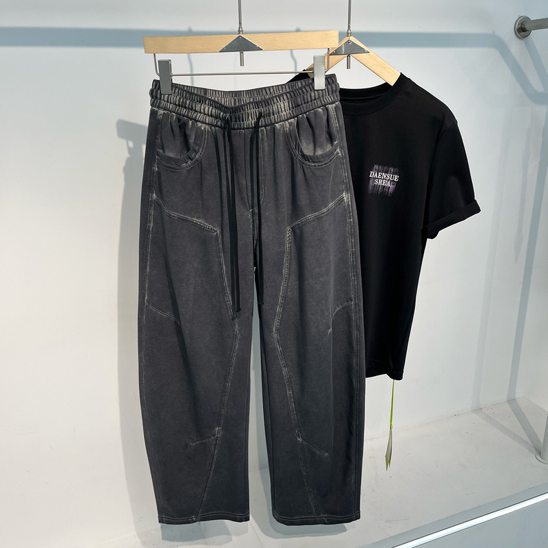 Summer Trendy Brand Elastic Waist Drawstring Deconstructed Dirty-Style Casual Pants for Men, Trendy Straight-Leg Long Pants, Casual, Comfortable, Versatile