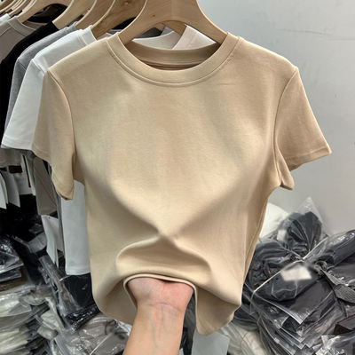 This year's popular beautiful T-shirt, straight-shoulder cotton short-sleeved fitted women's 2026 summer new solid-color base top