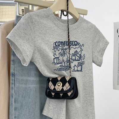 Grey round-neck off-the-shoulder short-sleeved T-shirt for women 2026 summer new style, slimming and versatile cotton half-sleeved top