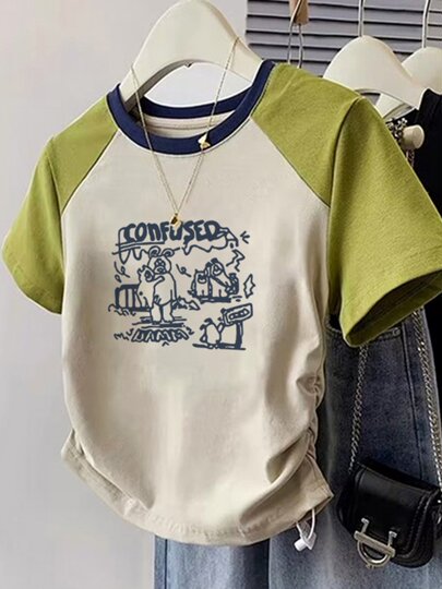 American cotton fashion brand contrasting color raglan short-sleeved T-shirt for women summer sweet and cool hot girl style right shoulder slim short top