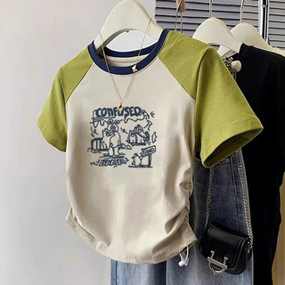 American-Style Cotton Trendy Brand Color-Block Raglan Short-Sleeve T-Shirt for Women, Summer Sweet and Cool Spicy Girl Style, Regular Shoulder, Slimming Short Top