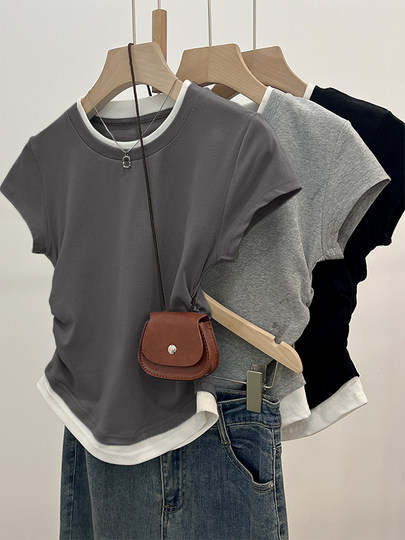 Summer gray fake two-piece right shoulder short-sleeved T-shirt for women, short, slim, pure lust, sweet and spicy waist design top for women