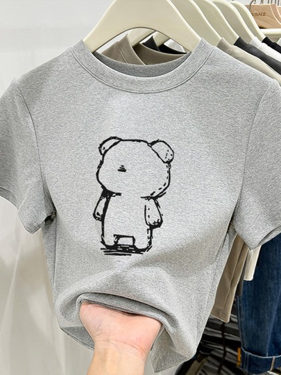 Pink round neck short-sleeved t-shirt for women summer new style short slim fit inner wear slim right shoulder basic hot girl top