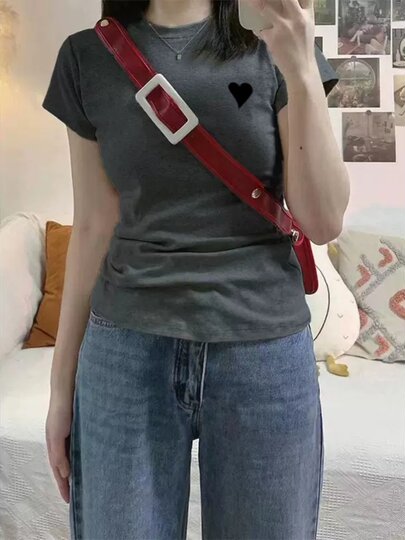 American Retro Printed Shoulder Short Sleeve Summer 2025 New Slim Fit Hot Girl Ins Round Neck T-shirt Women's Top Half Sleeve