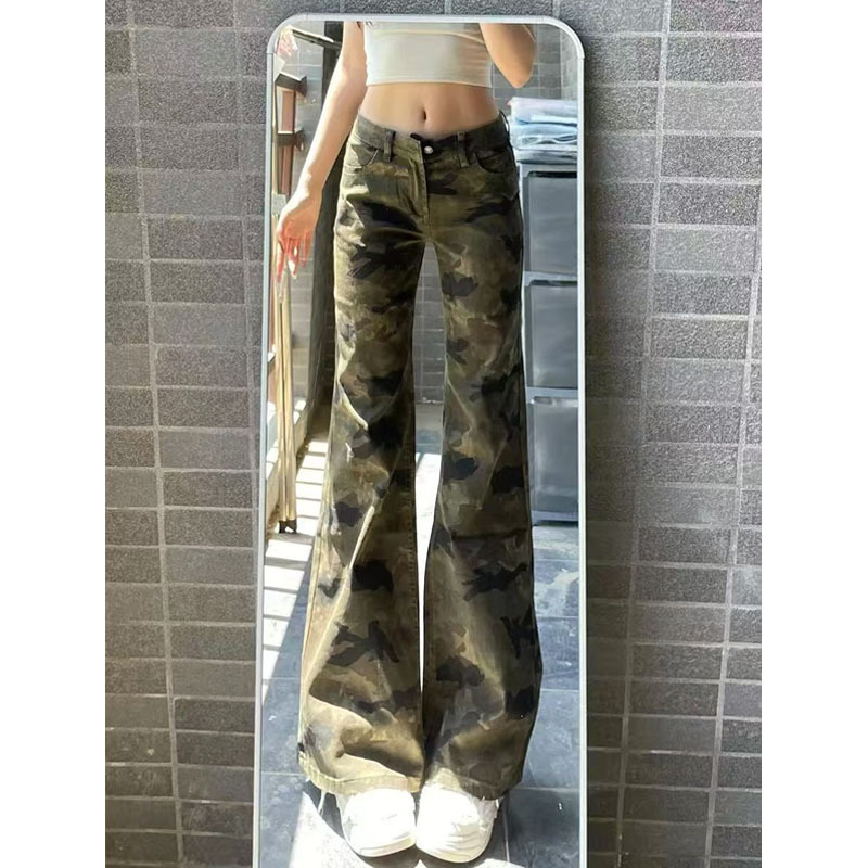 American-Style Popular Street Camouflage Flared Jeans for Women, Spring and Autumn, Petite Size, Not Tight on the Legs, Slimming Bootcut Pants for Summer American-Style Popular Street Camouflage Flared Jeans for Women, Spring and Autumn, Petite Size, Not Tight on the Legs, Slimming Bootcut Pants for Summer