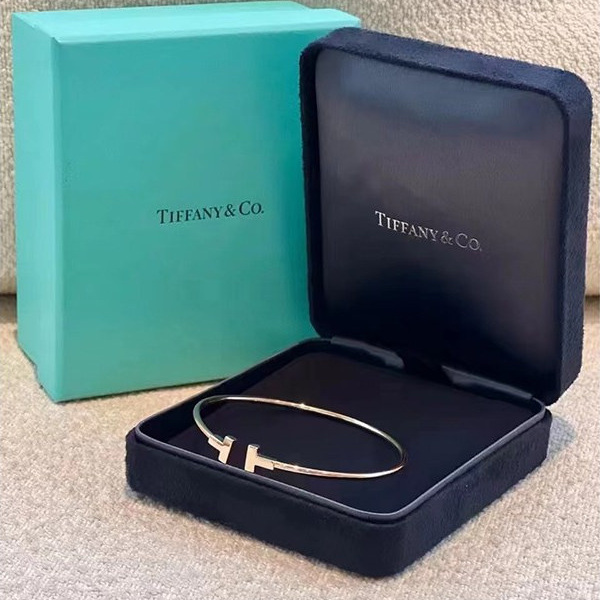 Tiffany t Series 18K Gold Rose Gold Diamond-Encrusted Coil Double t Open Bracelet Women's Bracelet