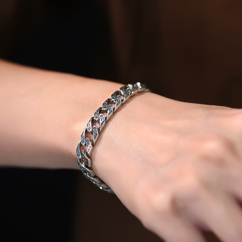 Luotai Old Silversmith 925 Silver Cuban Bracelet Men's Retro Niche Tang Grass Pattern High-End Boys' Hand Jewelry