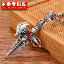 Rotai Old Silver Smith Hide 925 silver necklace for men Pendant Tide Individuality Diamond Pestle Pendant