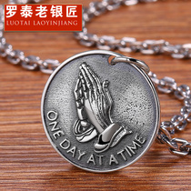 Luo Tai old silversmith 925 silver necklace male silver tidal niche design tag retro prayer hand pendant coins