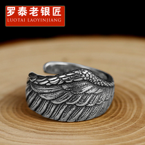 Rotai old silversmith 925 silver ring opening male and female retro feather Taisilver ring Personality Ring Ornament Gift