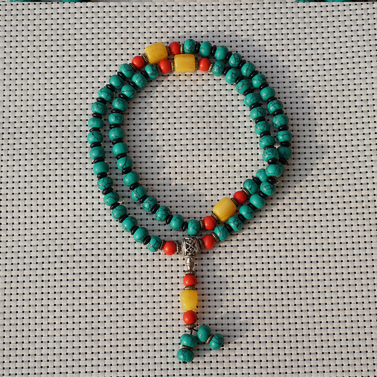 Retro national wind Tibetan male and female money chain sweater necklace with green pine stone hanging decoration