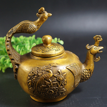 Ancient Play Collection Pure Copper Phoenix Ruyi Peony Flowers Open Rich wine jug Kettle Dry Longs Craft Gift