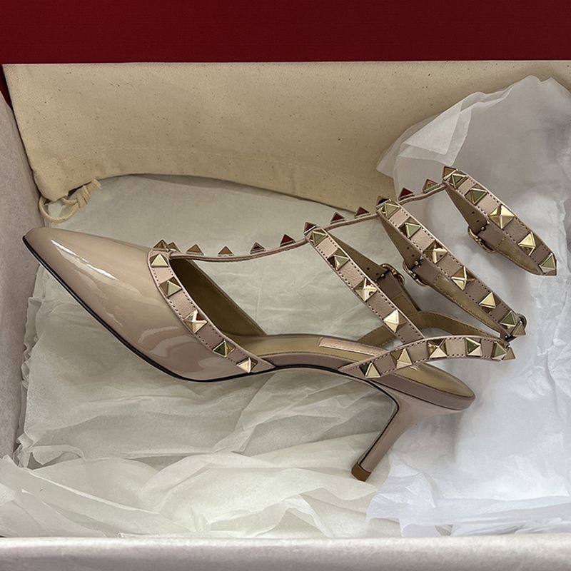 【Top Version】Studded High Heels Women's Genuine Leather Stiletto Three-Strap Sandals Pointed Toe Sexy Patent Leather Pumps