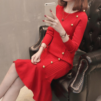 Mid-length sweater dress loose spring and autumn 2021 new female outer wear red sweater bottoming fishtail skirt