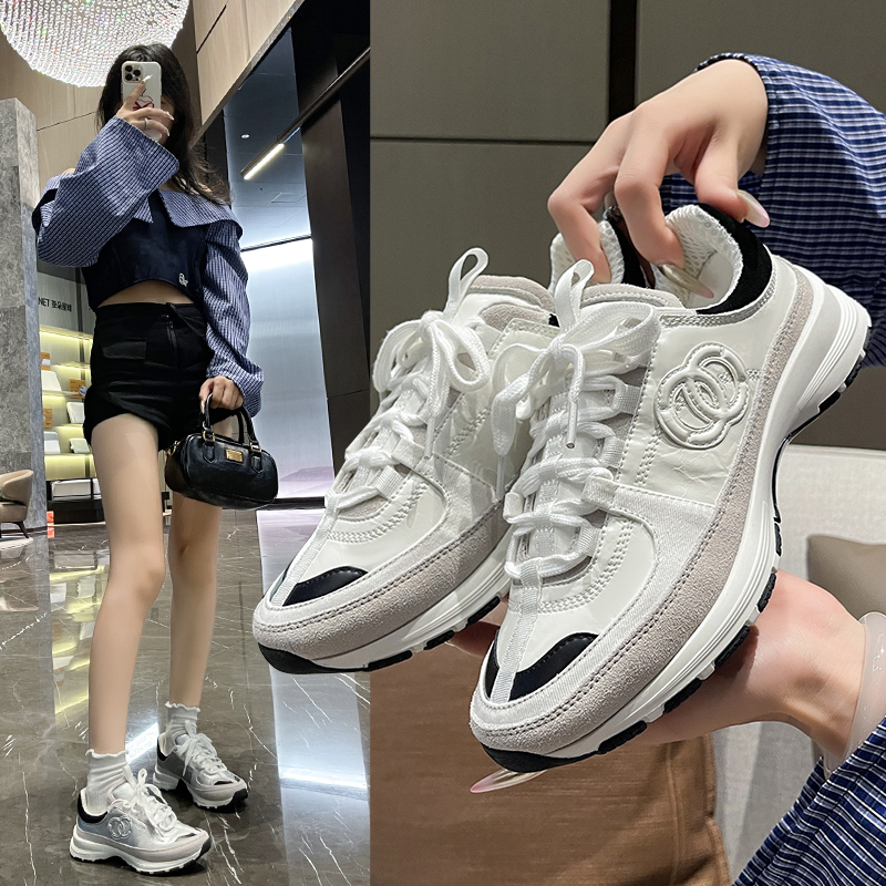 Tweed Style 25A Sneakers for Women 2025 New Color Matching Genuine Leather Breathable Lace-Up Casual Dad Shoes