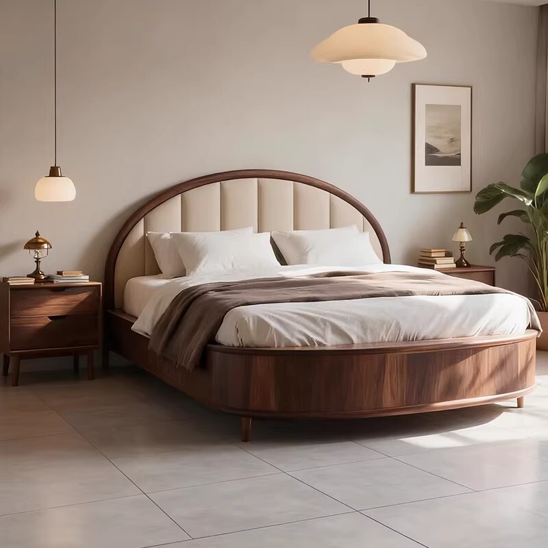Medieval-Style Cream-Colored Solid Wood Master Bedroom Bed 1.8m Creative Round Large Bed Black Walnut Double Bed 2m X 2.2m