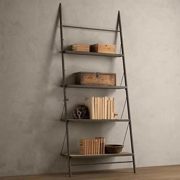American-Style Wrought Iron Bookshelf, Solid Wood Industrial Style Shelf, Trapezoidal Flower Stand, Wall-Mounted Storage Rack, Living Room Tv Stand, Display Rack