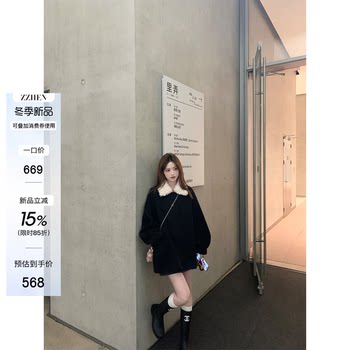 珍珍家赴约初雪全绵羊毛黑色拼毛毛翻领双面呢大衣中长款毛呢外套