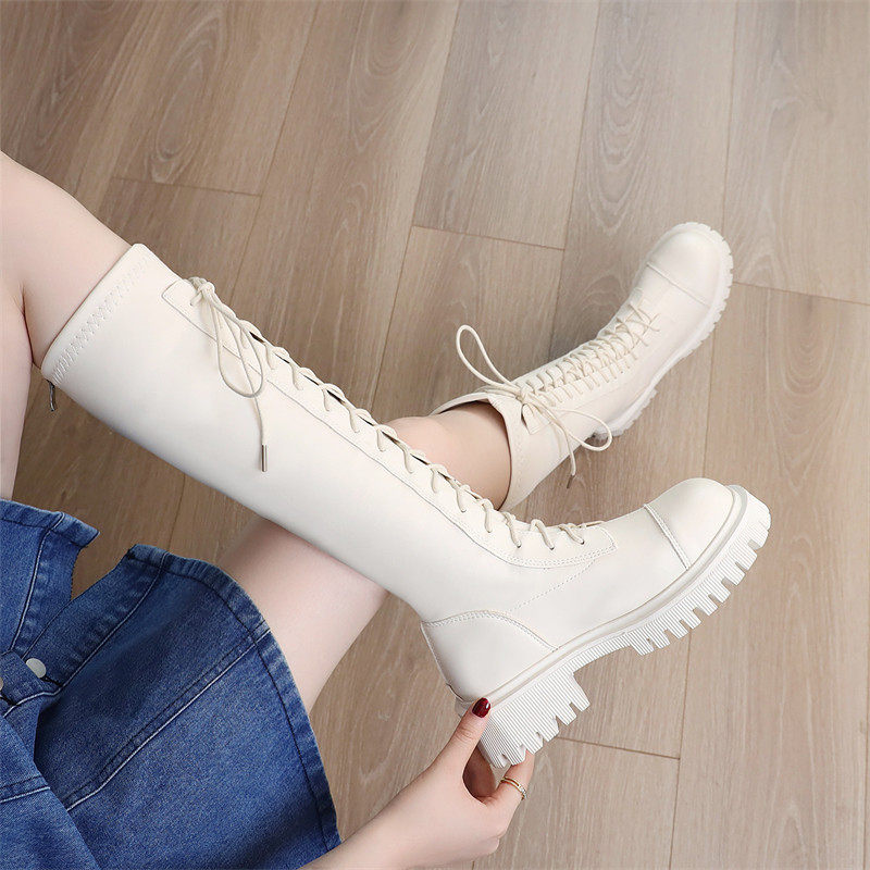 Женские высокие сапоги; новинка осени 2025 года; ботинки Martin на толстой подошве и тонком ремешке; кожаные сапоги до колена; рыцарские сапоги