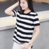 Mùa hè mới chia tay áo thun cotton sọc ngắn tay nữ phiên bản Hàn Quốc nhỏ bé cổ tròn rộng tay áo sơ mi nửa tay - Áo phông áo phông nữ cao cấp Áo phông
