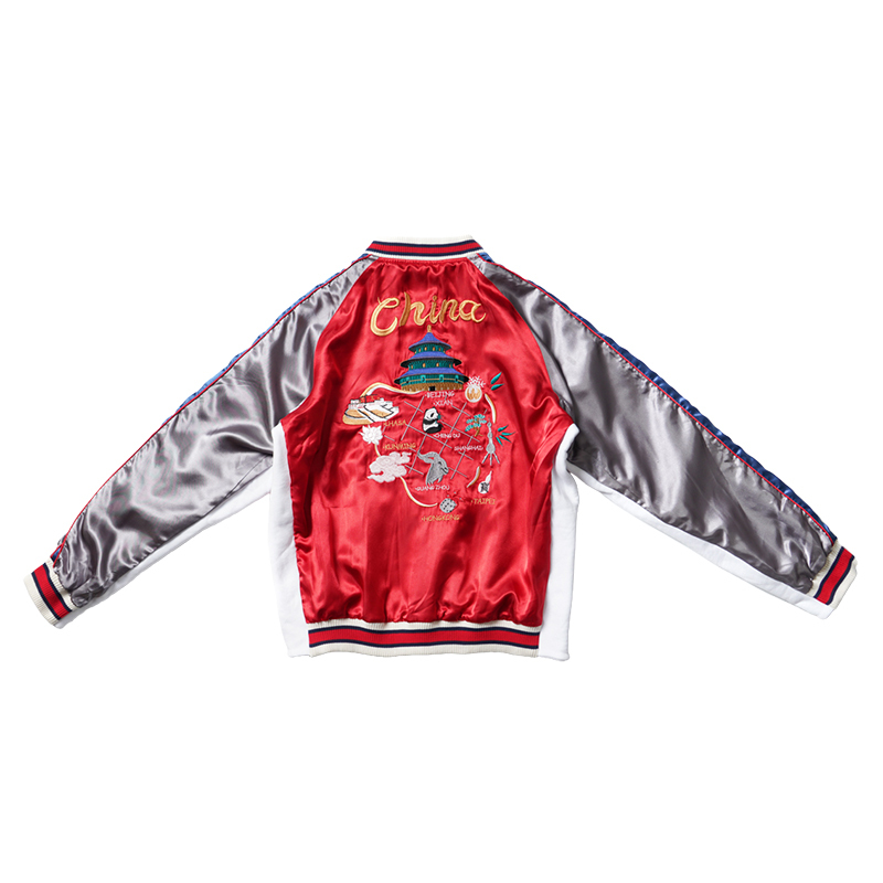 Original Crane Red Sun China Map Yokosuka Reversible Embroidered Jacket Men's Loose Kimono Robe
