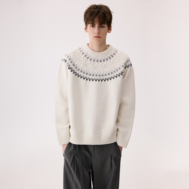 Chicerro Sicilian Men's Christmas Outfit American-Style Fair Isle Wool Blend Sweater Men's Crew Neck Inner Layer