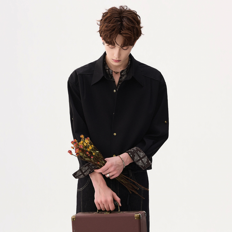 Chicerro Sicilian Men's Casual Paisley Faux Two-Piece Black Shirt Long-Sleeve Men's High-End Shirt