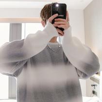 CHICERRO Sicilian mens dress striped gradient color dabby sweater jacket head round collar winter casual loose jacket