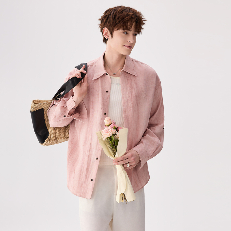 Chicerro Sicilian Men's Spring Casual Linen Lyocell Blend Tie-Dye Pink Shirt Unisex Shirt