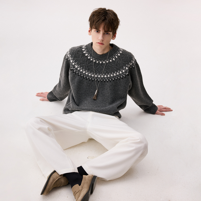 Chicerro Sicilian Men's Christmas Outfit American-Style Fair Isle Wool Blend Sweater Men's Crew Neck Inner Layer Chicerro Sicilian Men's Christmas Outfit American-Style Fair Isle Wool Blend Sweater Men's Crew Neck Inner Layer