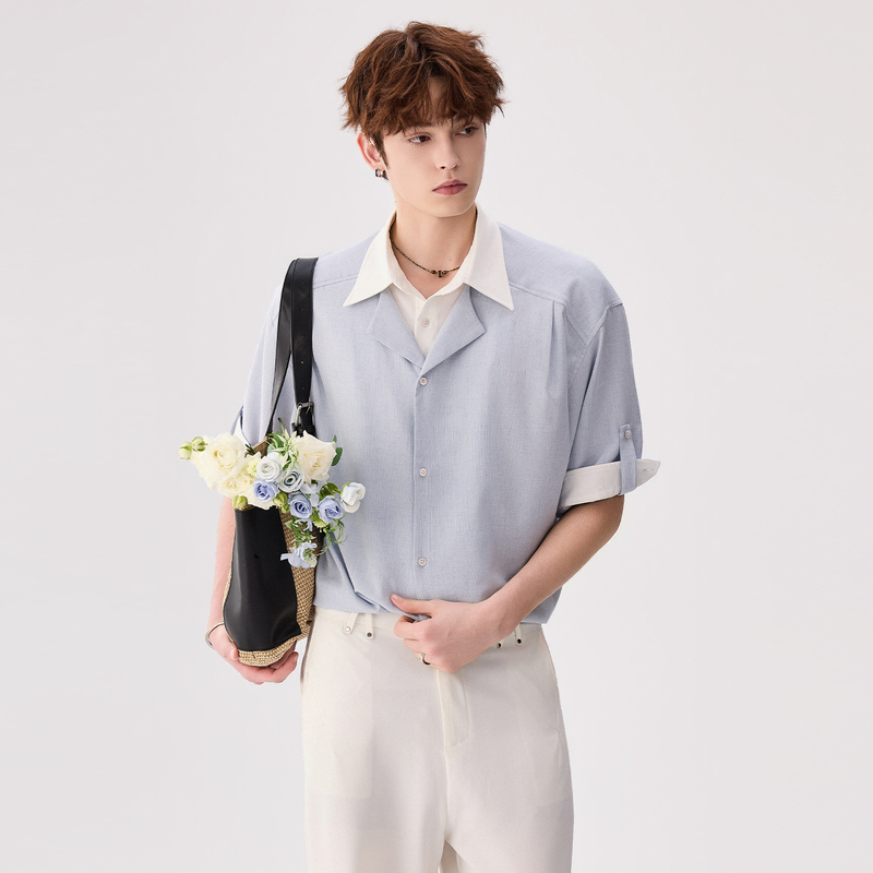 Chicerro Sicilian Men's Summer High-End Style Two-Tone Patchwork Mid-Sleeve Shirt Men's Trendy Shirt