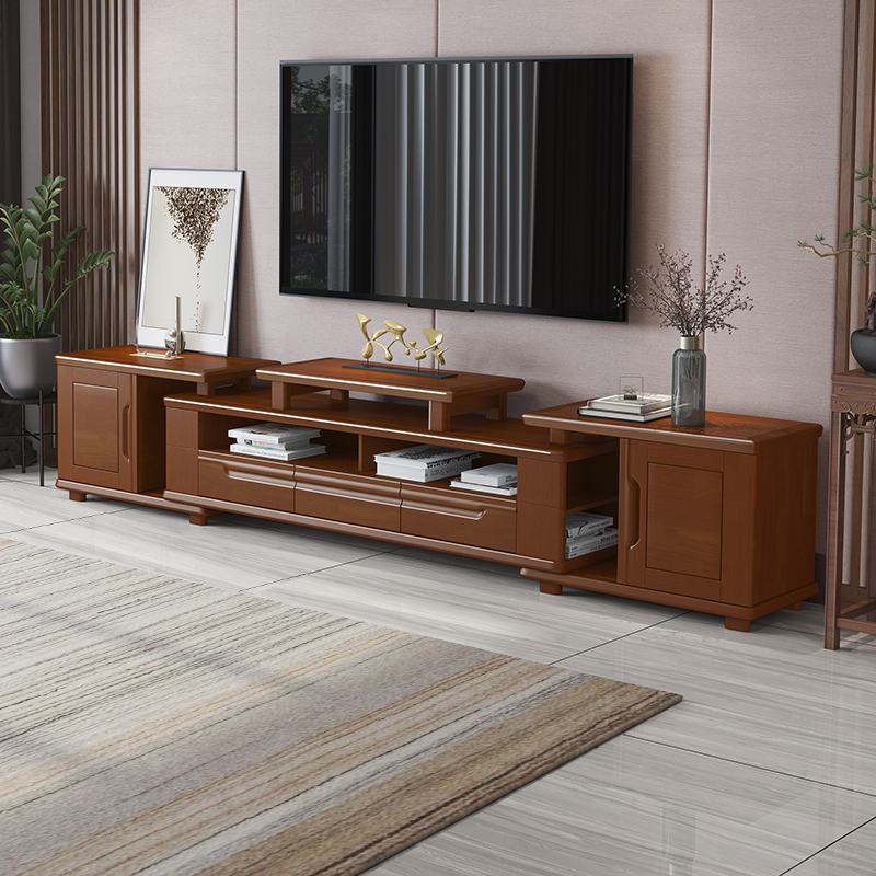 Chinese solid wood TV cabinet telescopic walnut color floor cabinet coffee table combination storage cabinet living room furniture