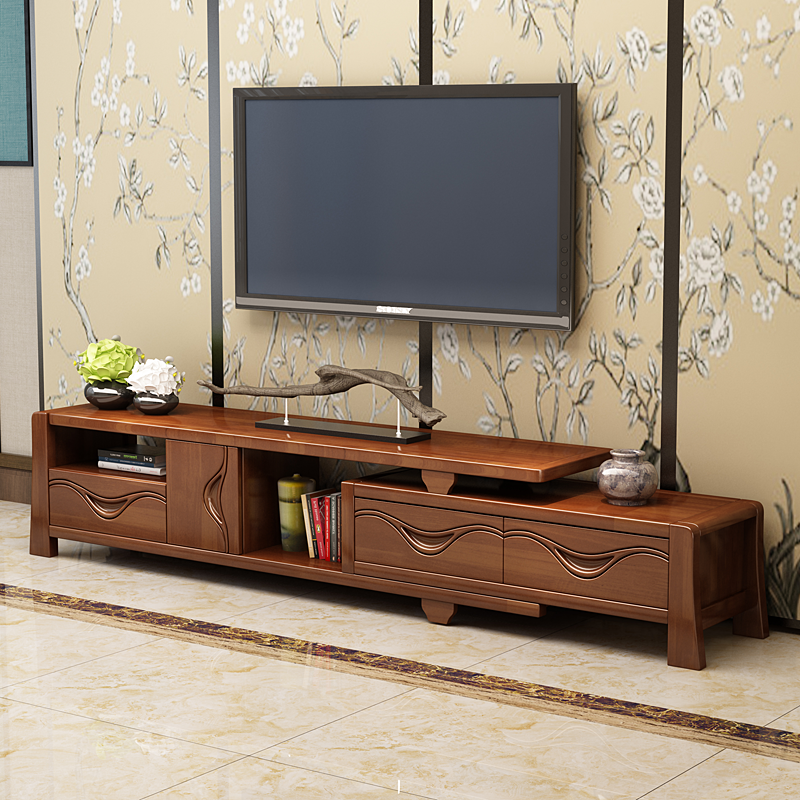 Chinese-style solid wood TV cabinet modern simple stretch small apartment coffee table combination living room walnut floor cabinet