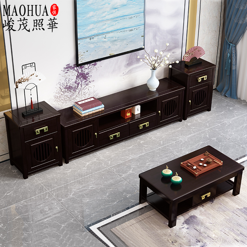 New Chinese retro all solid wood TV cabinet coffee table combination light luxury living room solid wood floor cabinet video cabinet villa furniture
