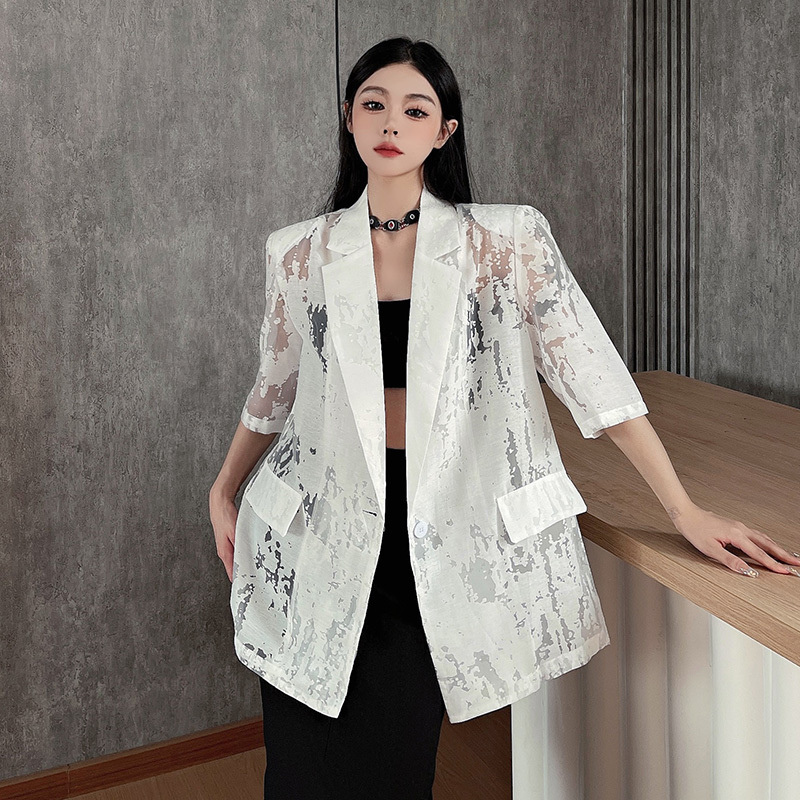 High-End Textured Patterned Hollow-Out Blazer for Women, 2024 Summer New Style, Sun-Protective Jacquard Thin Suit Jacket