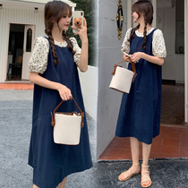Pregnant women summer wear season Han edition fake two pieces of cotton flower in the long temperament and loose art new dress