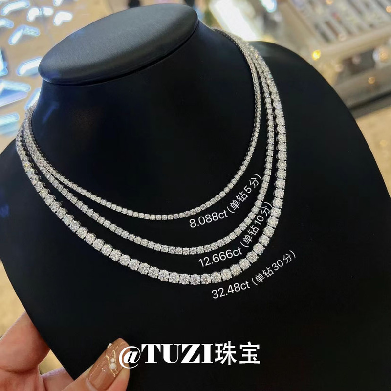 Tuzi European and American High-End Lab-Grown Diamond Tennis Necklace S925 Sterling Silver Single Row Full Diamond Personalized Clavicle Chain Recommended