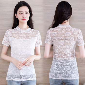 Summer lace ເສື້ອທີເຊີດແມ່ຍິງ sexy hollow ແຂນສັ້ນ