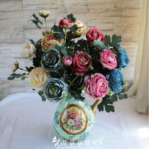 Simulation fake flower Three-head peony European-style Lulian retro Ancient Oil Painting Wedding photography Family placed floral decoration Silk Flowers