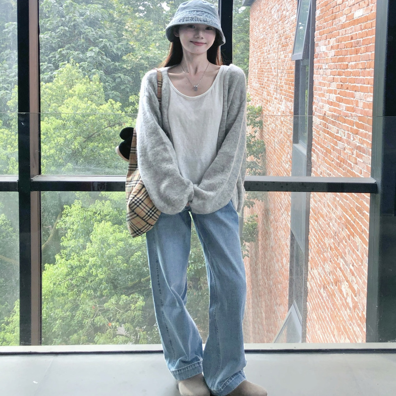 Korean Style Gentle Light-Colored Jacket for Women, Early Autumn, Lazy and Loose-Fitting, Knitted Puff Sleeves, Cardigan, V-Neck, Wrap-Around Outerwear