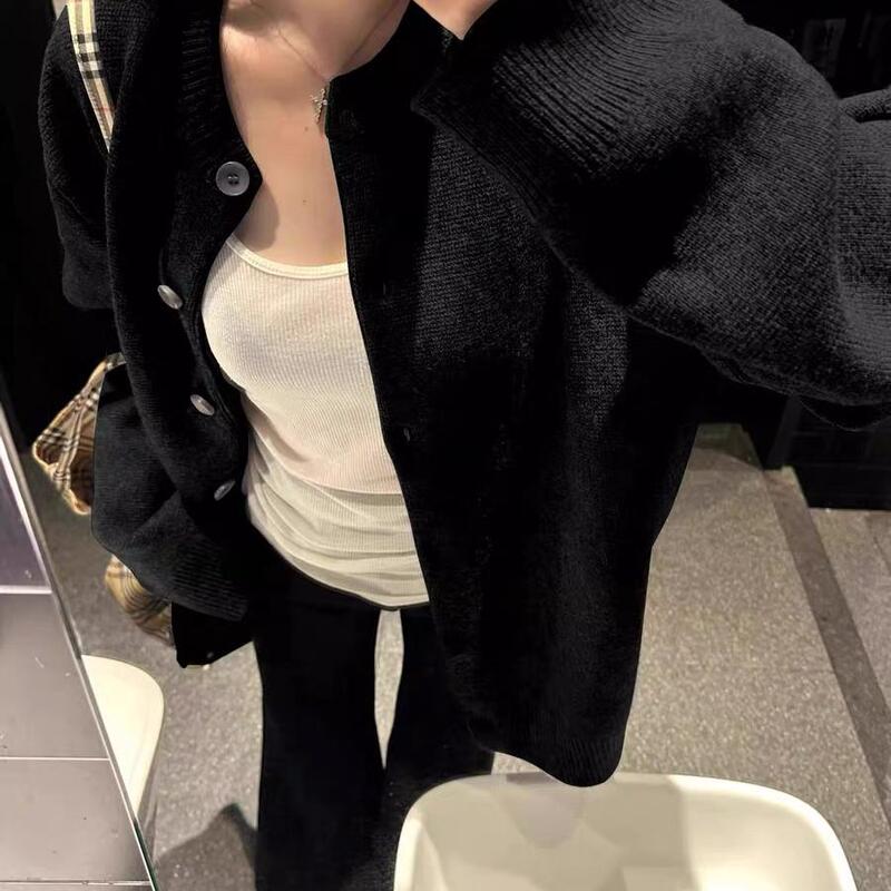 Black Lazy-Style Slimming Button-Down Sweater Cardigan for Women, 2025 Winter Loose Oversized Beautiful and Unique Top