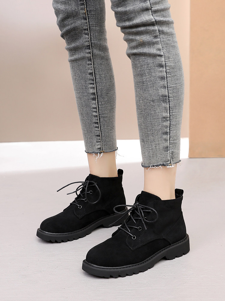 Zhuoshini 2021 winter boots women's new lace-up round toe mid-heel flat Korean Martin boots suede casual short boots