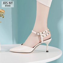 Zhuo Shini 2021 spring new sandals womens high heel pointed one-word buckle thin with Baotou Joker slim womens shoes