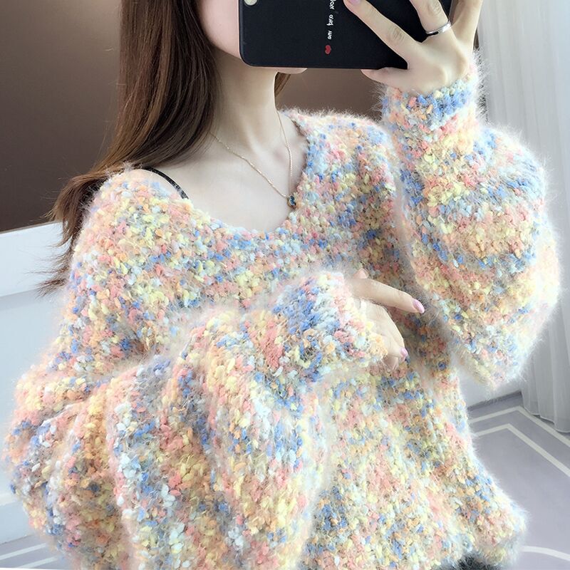 2025 New Spring and Autumn V-Neck Pullover Thick Knit Sweater for Women, Lazy Style, Short Loose Top for Outerwear
