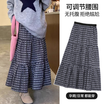 Pregnant Woman Half Body Dress Spring Autumn Season Plaid A-word Dress Spring Summer Fashion Display Slim Cake Skirt Postpartum Adjustable Long Dress