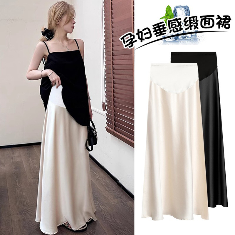 Maternity Skirt, Summer Long Satin Silky A-Line Skirt, High-Waisted, Belly-Covering, Extended Length, Belly-Supporting, Drapey Long Skirt